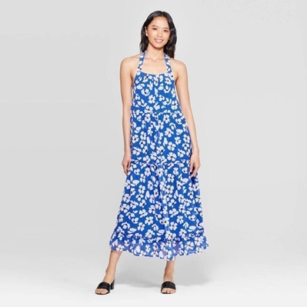 WHO What Wear Blue Floral Contrast Tiered Halter Maxi Dress Size Small